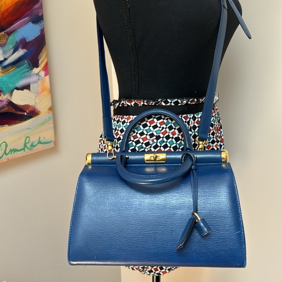 Revillon blue saffiano satchel leather bag made in Italy. Comes w/strap. - Picture 6 of 13